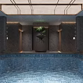 Modern SPA Sauna Interior Design With Swimming Pool Marble Walls And Green Plants