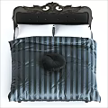 Double Bed Featuring Dark Wooden Ornate Headboard Gray White Striped Bedding And Black Pillow