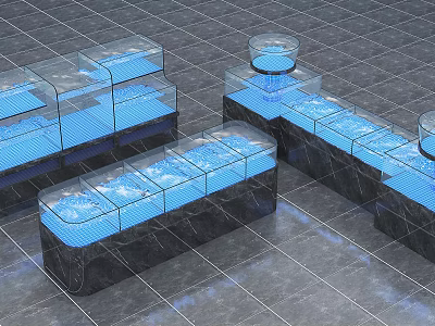 Transparent Glass Aquariums With Blue Water Black Bases On Gray Floor Various Shapes Sizes 3d model