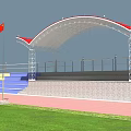 Modern Football Field with Running Track Colorful Stands and Arched Roof