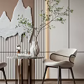 Modern Interior Table And Chairs Set With Striped Wall Art And Green Plant Decor