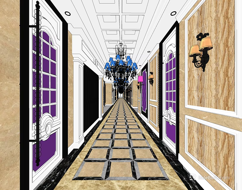 Luxurious Elevator Hallway Design With Chandelier Wall Sconces Square Tiles And Purple Accents 3d model 
