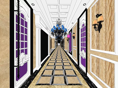 Luxurious Elevator Hallway Design With Chandelier Wall Sconces Square Tiles And Purple Accents 3d model