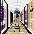 Luxurious Elevator Hallway Design With Chandelier Wall Sconces Square Tiles And Purple Accents