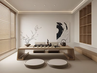 Modern Minimalist Tea Room With Long Wooden Table Tea Sets Round Cushions And Ink Painting 3d model