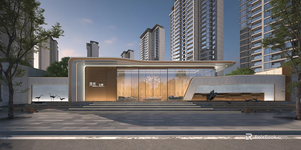 Modern Sales Office Building With Glass Curtain Wall And Surrounding Tall Residential Buildings 3d model 