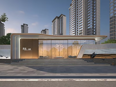 Modern Sales Office Building With Glass Curtain Wall And Surrounding Tall Residential Buildings 3d model