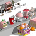 Colorful Cartoon Style Food Market Stalls With Food Carts And Seating Areas