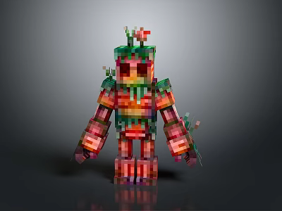 Colorful Pixel Style Train With Green Front And Red Orange Body On Gray Gradient Background 3d model