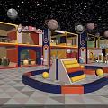 Space Themed Children's Play Area With Colorful Slide Ball Pit Planet Decorations And Geometric Floor