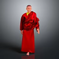 Game Movie Character Standing in Red Robe With Yellow Undergarment Bald Head on Gray Background