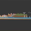 Cartoon Island Scene With Colorful Houses Boats Sandy Beach And Blue Ocean