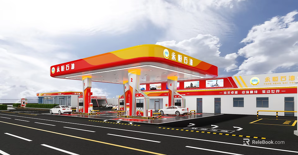 Bright Gas Station Exterior Design With Yellow Red Canopy Fuel Pumps And Vehicles 3d model 