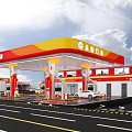 Bright Gas Station Exterior Design With Yellow Red Canopy Fuel Pumps And Vehicles