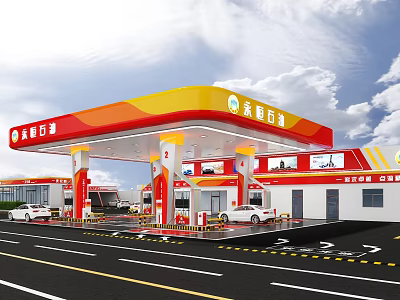 Bright Gas Station Exterior Design With Yellow Red Canopy Fuel Pumps And Vehicles 3d model