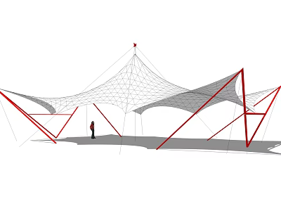 Modern Tensile Membrane Structure With Red Steel Frame And Gray Membrane 3d model