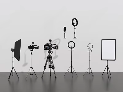 Photography And Video Shooting Equipment Setup With Cameras Tripods Ring Lights And Reflectors 3d model