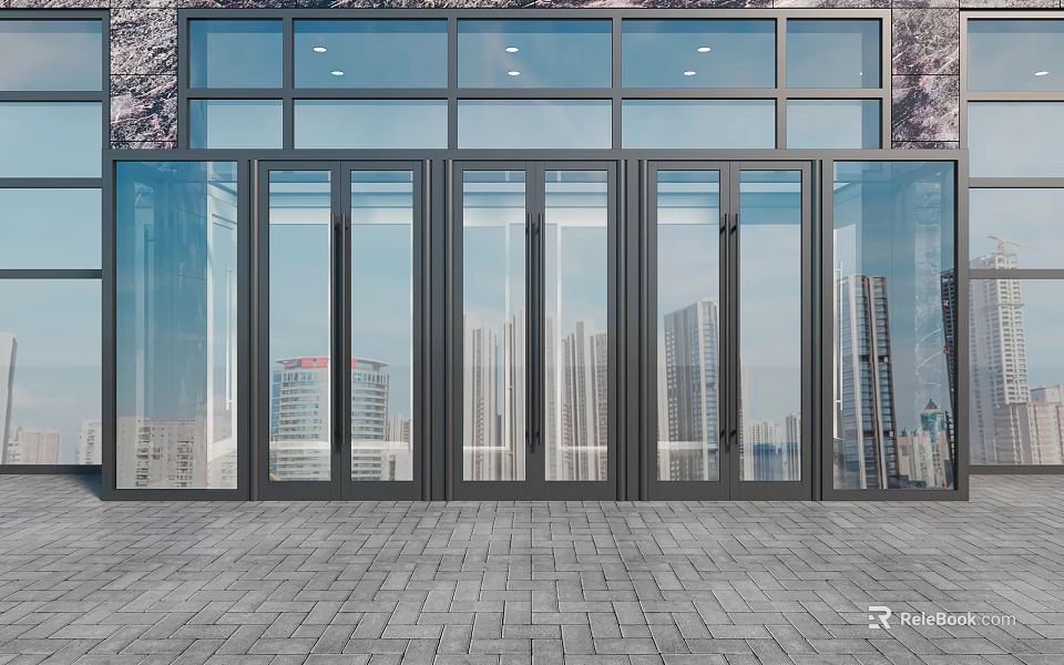 Modern Glass Bifold Doors With Black Metal Frame And Cityscape View 3d model 