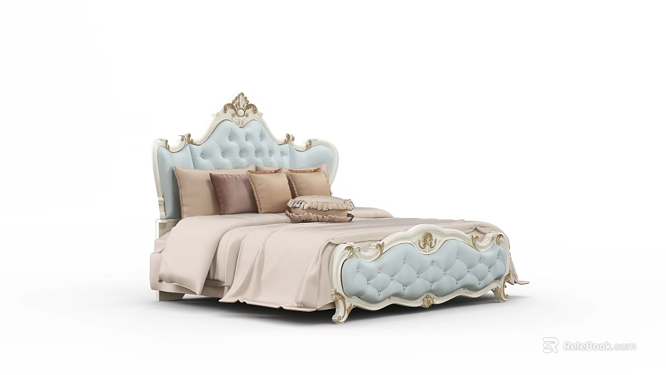 Luxurious Light Blue Tufted Double Bed with Gold Accents and Beige Pillows 3d model 