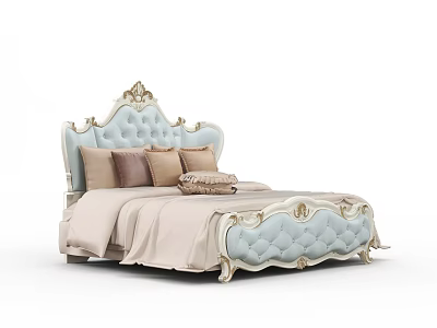 Luxurious Light Blue Tufted Double Bed with Gold Accents and Beige Pillows 3d model