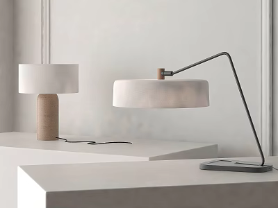 Modern Table Lamps With Woven Base And Curved Metal Arm On White Platforms 3d model
