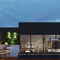 Outdoor Terrace Restaurant With Tables Chairs Green Plants Umbrella Water Feature And Night View