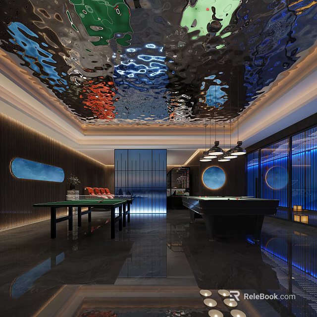 Modern Billiard Room Interior Design With Pool Table Stylish Lighting And Decorative Elements 3d model