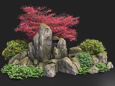 Stone and Wood Garden Decoration With Red Tree Green Shrubs and Natural Rocks 3d model