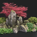 Stone and Wood Garden Decoration With Red Tree Green Shrubs and Natural Rocks