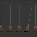 Five Different Household Cleaning Brooms With Wooden Handles And Straw Heads