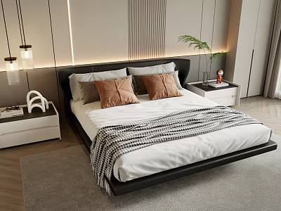 Modern Double Bed With Black Headboard Brown Pillows Gray Rug And Pendant Lights 3d model