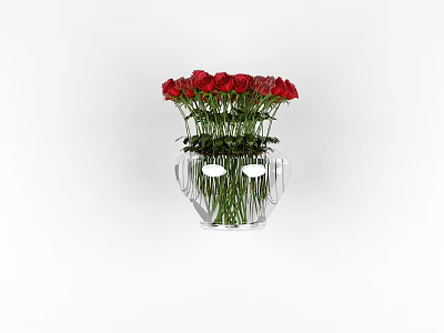 Red Roses Bouquet Arranged in Transparent Glass Vase with Green Stems 3d model