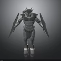 3D Silver Robot Character With Mechanical Armor Shield Arms And Metallic Body
