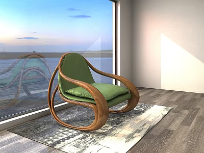 Elegant Curved Wooden Leisure Rocking Chair With Comfortable Green Cushion In Bright Seaside Living Space 3d model