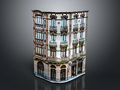 Cartoon Scene of Multi Story Vintage Building with Ornate Balconies Arched Windows and Storefronts 3d model