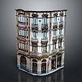 Cartoon Scene of Multi Story Vintage Building with Ornate Balconies Arched Windows and Storefronts
