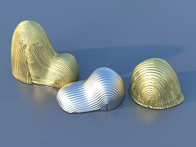 Three Gold And Silver Sculptures With Wavy Surface Texture And Artistic Design 3d model