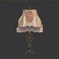 Decorative Lighting Combination With Pink Rose Patterned Lace Shade Metal Base Beaded Fringe Table Lamp