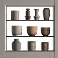 Ceramic Vessels Display On Modern Shelf With Various Textured Patterns 3d model