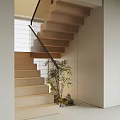 Modern Wooden Stairs With Black Handrail Bamboo Plant And Small Decorations