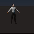 Man With Arms Outstretched In White Shirt Blue Tie Black Pants Brown Shoes Three Angles