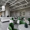 Café Interior Design With White Bar Counter Gray Pillar Green Chairs And Hanging Lights