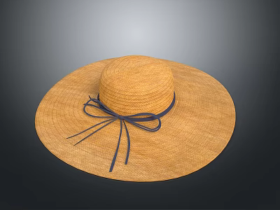 Wide Brimmed Straw Hat With Blue Ribbon Bow For Summer Daily Fashion Use 3d model