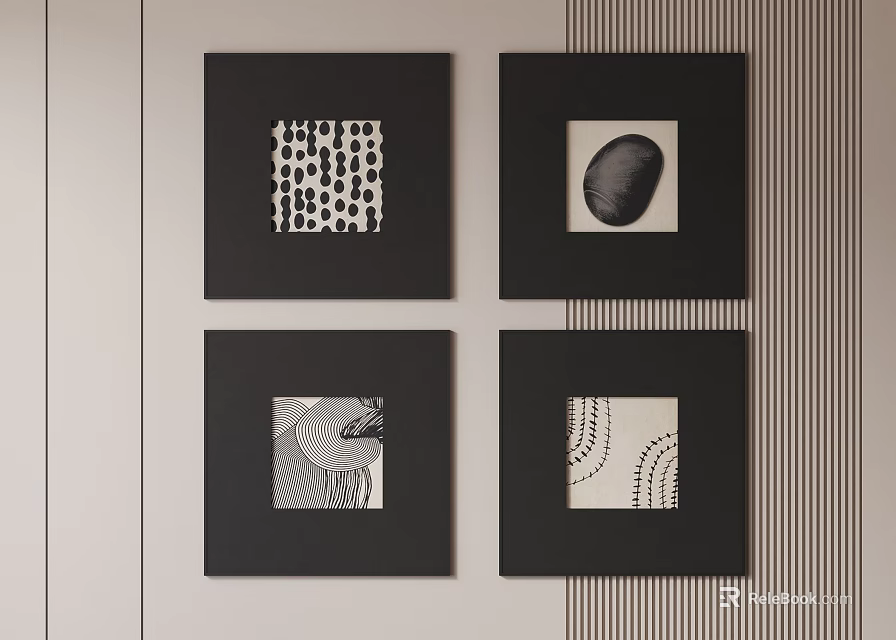 Four Abstract Paintings in Black Frames with Dot Oval Wavy Curve Patterns on Striped Solid Wall 3d model