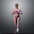 Woman In Pink Sportswear Doing Squat Exercise With White Sneakers On Gray Background
