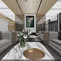 Modern Lobby Interior With Transparent Curtain Structure Marble Flooring And Wooden Ceiling