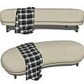 Stylish Beige Curved Sofa Bench With Black And White Plaid Blanket And Wooden Legs