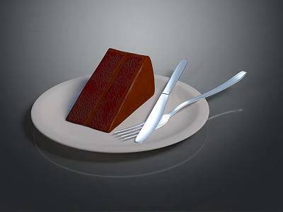 Delicious Slice of Rich Chocolate Cake on White Plate with Knife and Fork 3d model