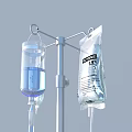Medical IV Stand With Two Hanging Bags Blue Liquid And 0.9% Sodium Chloride Solution