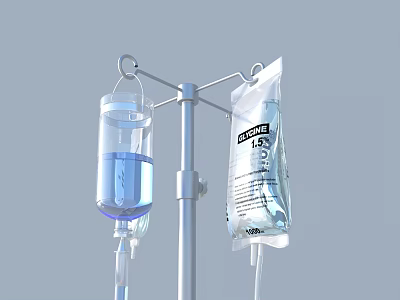 Medical IV Stand With Two Hanging Bags Blue Liquid And 0.9% Sodium Chloride Solution 3d model